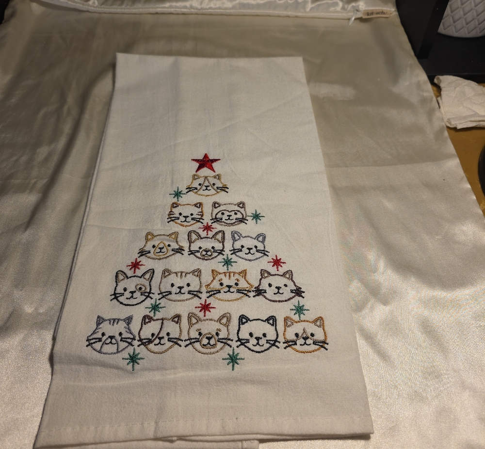 Embroidered Cat Tree Holiday Tea Towel - White